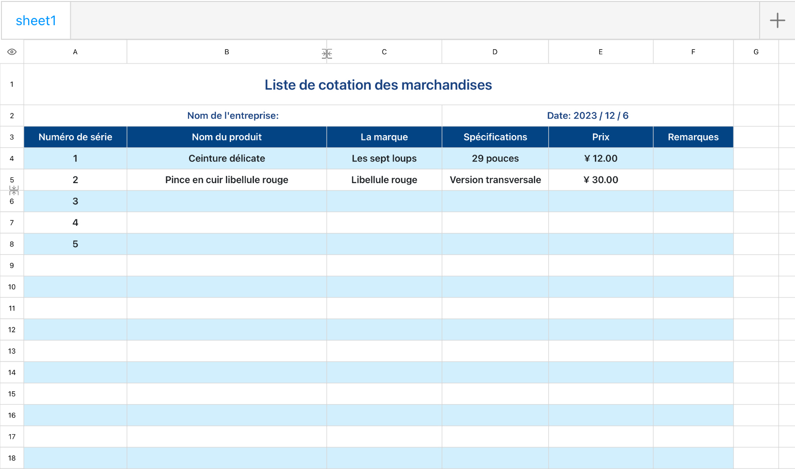 Liste de prix des marchandises 1